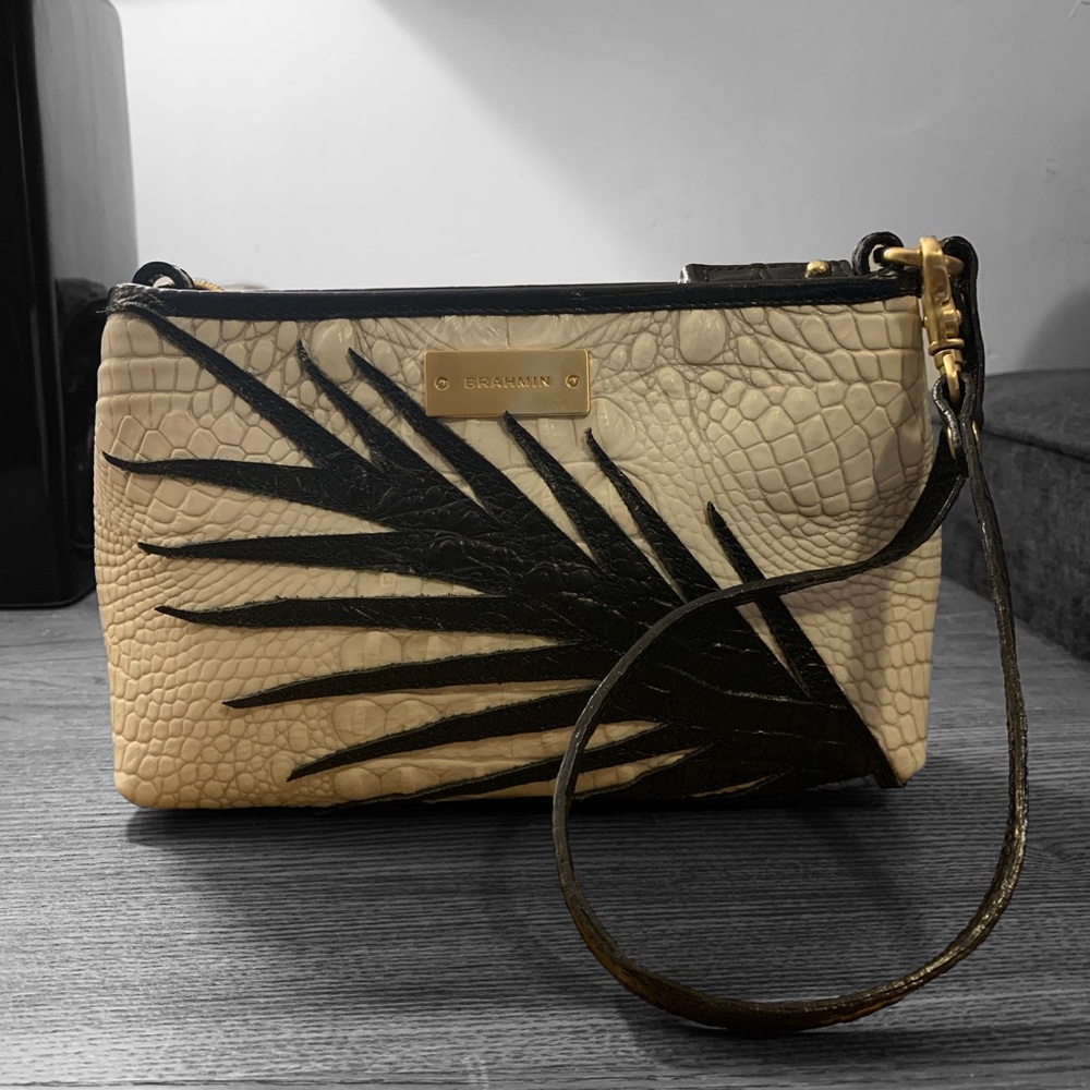 Brahmin Clutch Purse in White with Black Palm Leaf Appliqué